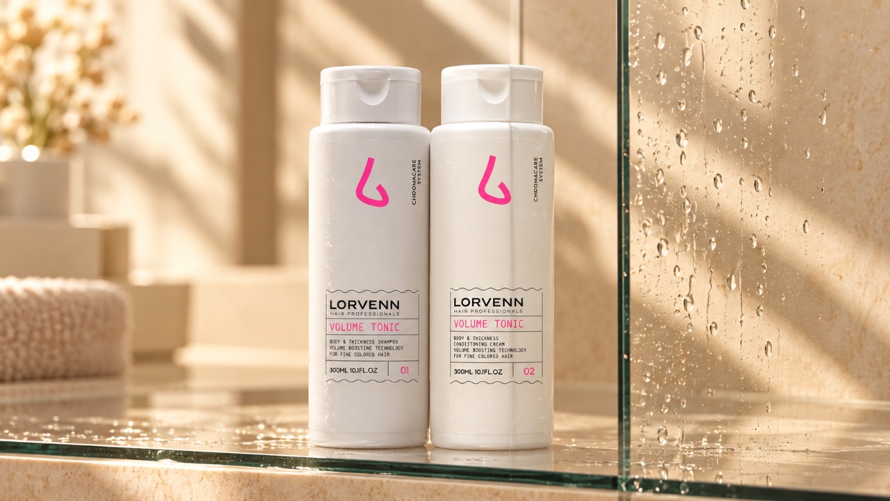 Cremă de condiționare pentru corp și grosime Lorvenn Volume Tonic Body and Thickness Conditioning Cream, creată pentru fortificarea părului fin și vopsit, oferind textură fără încărcare.